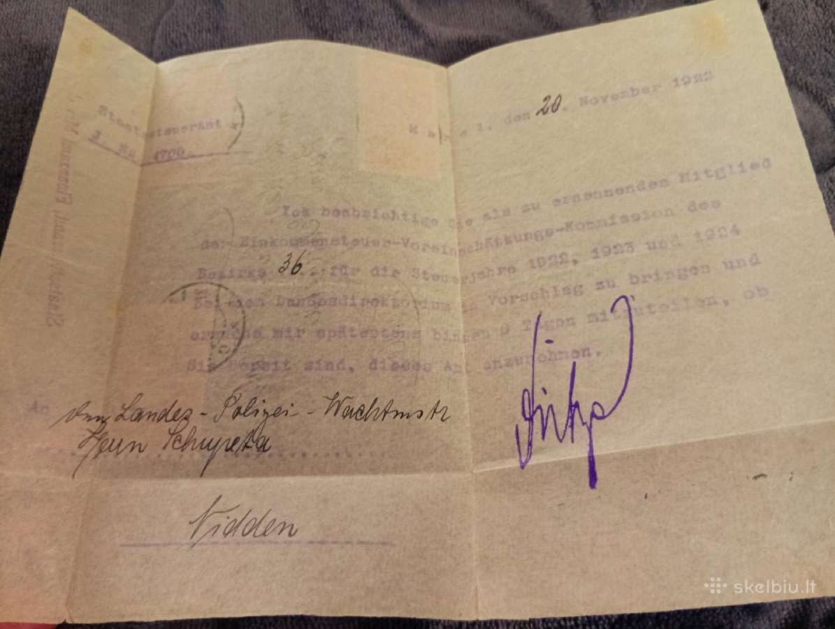 Memel Klaipeda Laiskas Mokesciu inspekcijos 1922