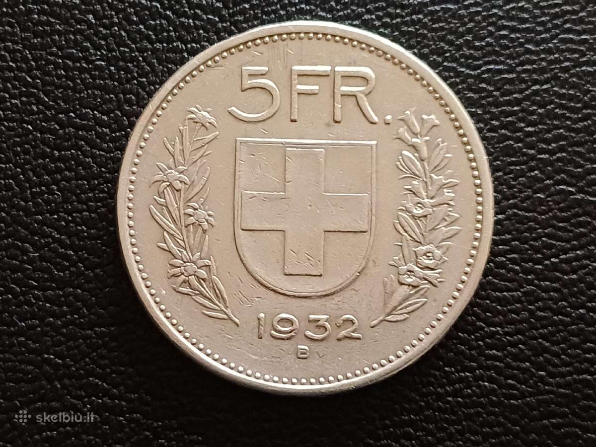 (404) 5 frankai 1932m. Šveicarija sidabras 835