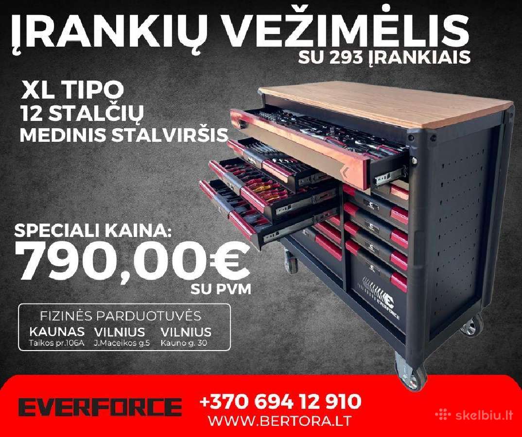 Įrankių Vežimėlis –12 Stalčių Su 11 Pilnais 293vnt