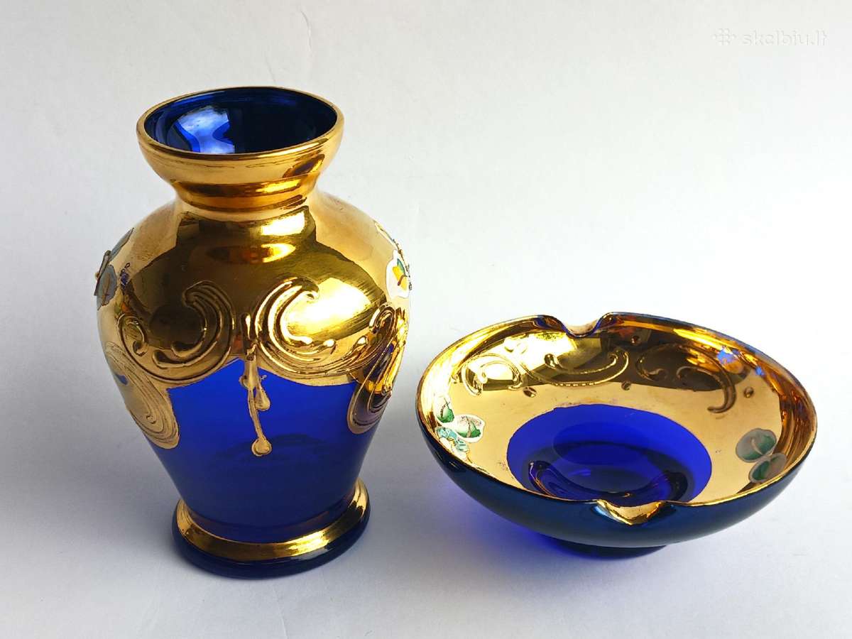 Murano vazelė ir lėkštutė kobaltas auksas Italija - nuotraukos Nr. 3