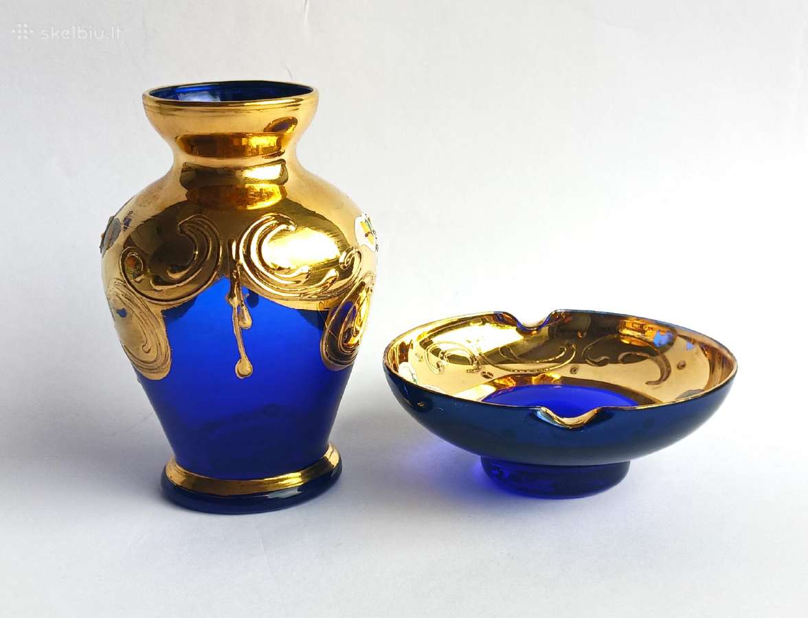 Murano vazelė ir lėkštutė kobaltas auksas Italija - nuotraukos Nr. 4