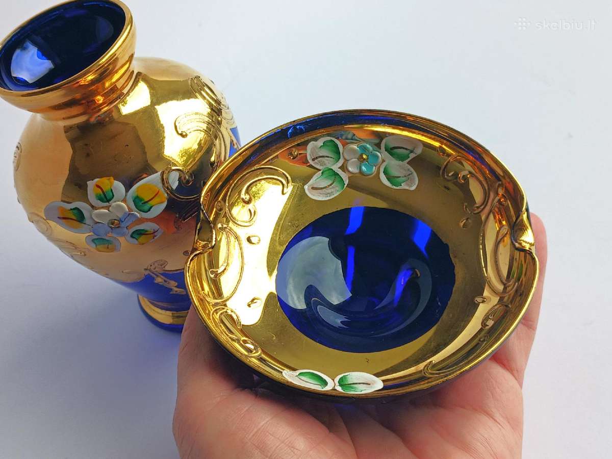 Murano vazelė ir lėkštutė kobaltas auksas Italija - nuotraukos Nr. 12