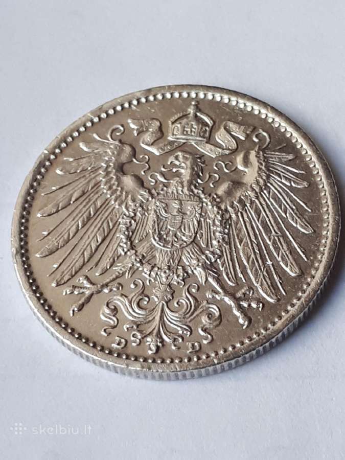 1 marke Vokietija 1909m.sidabras 0,900 - nuotraukos Nr. 3