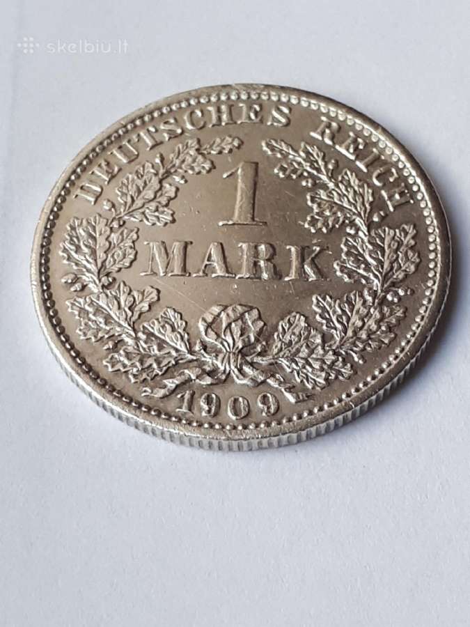 1 marke Vokietija 1909m.sidabras 0,900 - nuotraukos Nr. 2