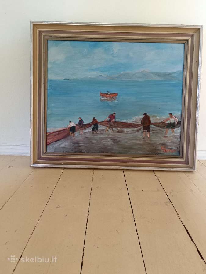 Marinistinis didelis aliejinis senas paveikslas
