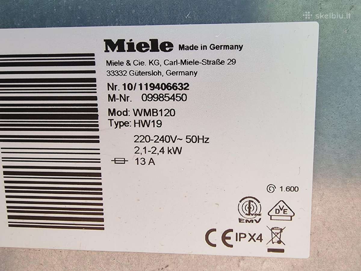 Miele Wmb120, 8kg./1600aps + garantija - nuotraukos Nr. 17
