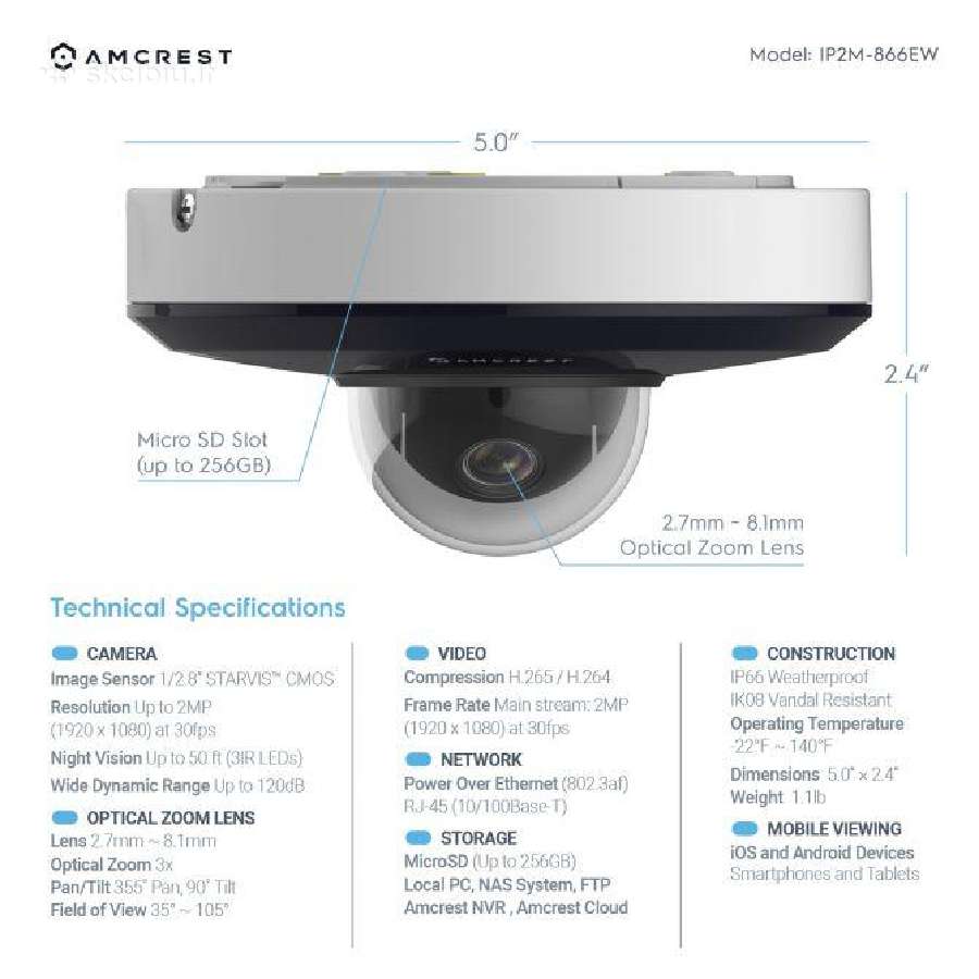 Amcrest Ptz Poe Vaizdo Kamera Cctv Ip Smart Home - nuotraukos Nr. 5