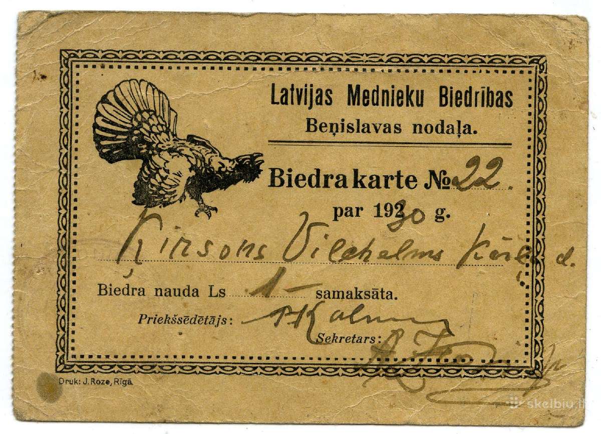 1930 medžiotojo bilietas su kurtiniu