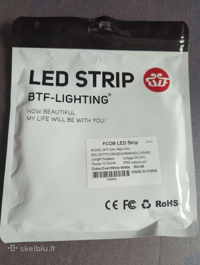 LED Juosta 5m, Fcob, 24v, 6000k, Ip65