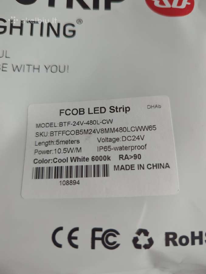 LED Juosta 5m, Fcob, 24v, 6000k, Ip65 - nuotraukos Nr. 3