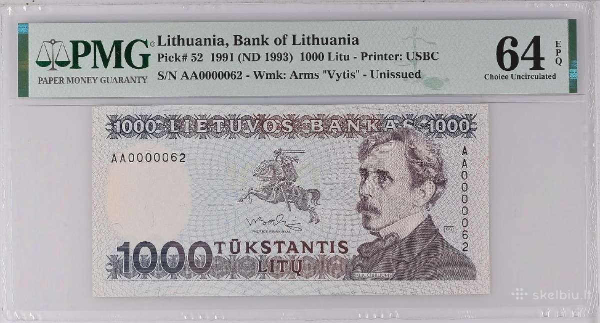 Lietuva 1000 Litų 1991 P52 s/n Aa0000062 Pmg 64