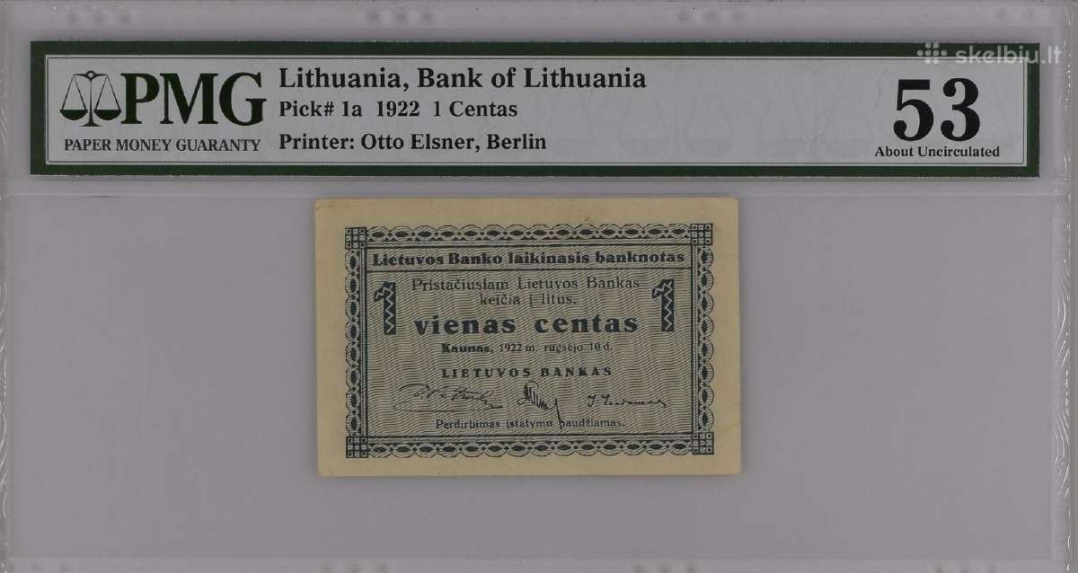Lietuva 1 Centas (1922-09-10) Pick #1a Pmg 53