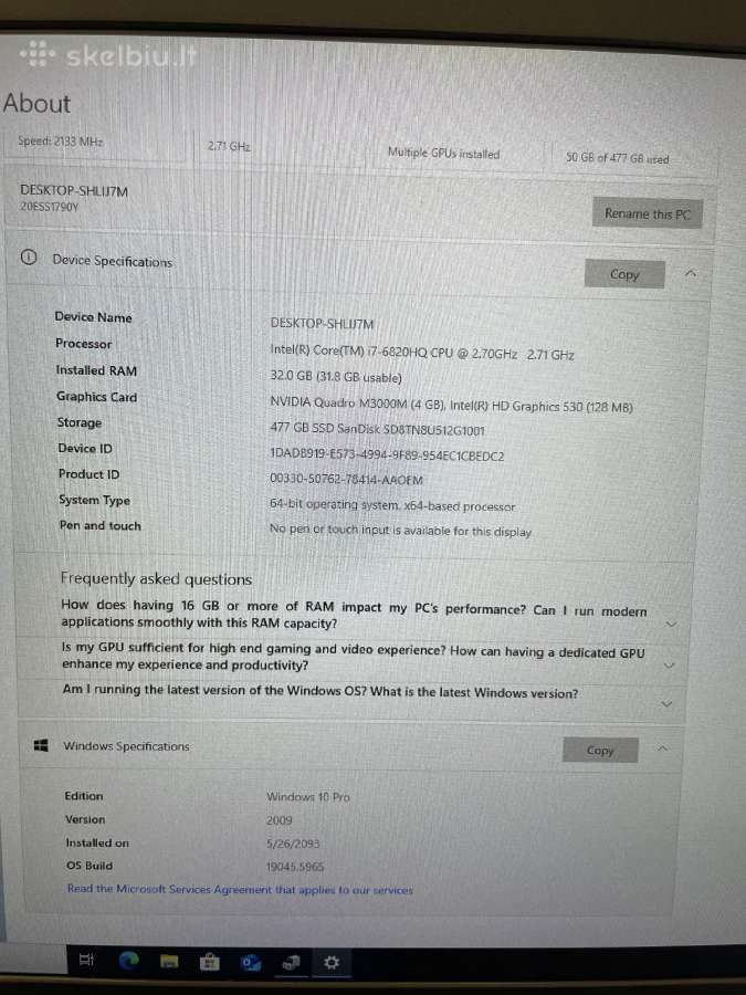 Lenovo Thinkpad P70 i7-6820hq 512ssd 32ram M3000m - nuotraukos Nr. 8