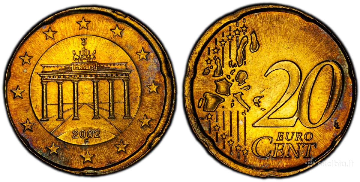 Vokietija 2002 20 centų sertifikuota Pcgs Ms64