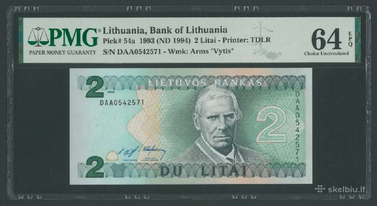 Lietuva 2 Litai 1993 Pmg 64 Epq banknotas Daa