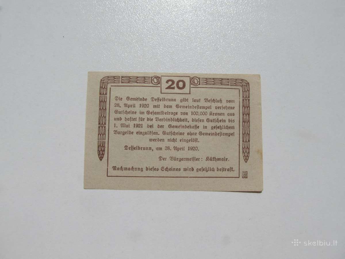 Notgeldas 10 ir 20 heler ,Deselbrun Austrija ,1920 - nuotraukos Nr. 4