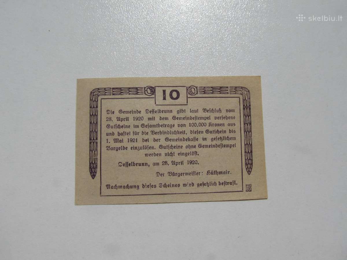 Notgeldas 10 ir 20 heler ,Deselbrun Austrija ,1920 - nuotraukos Nr. 2