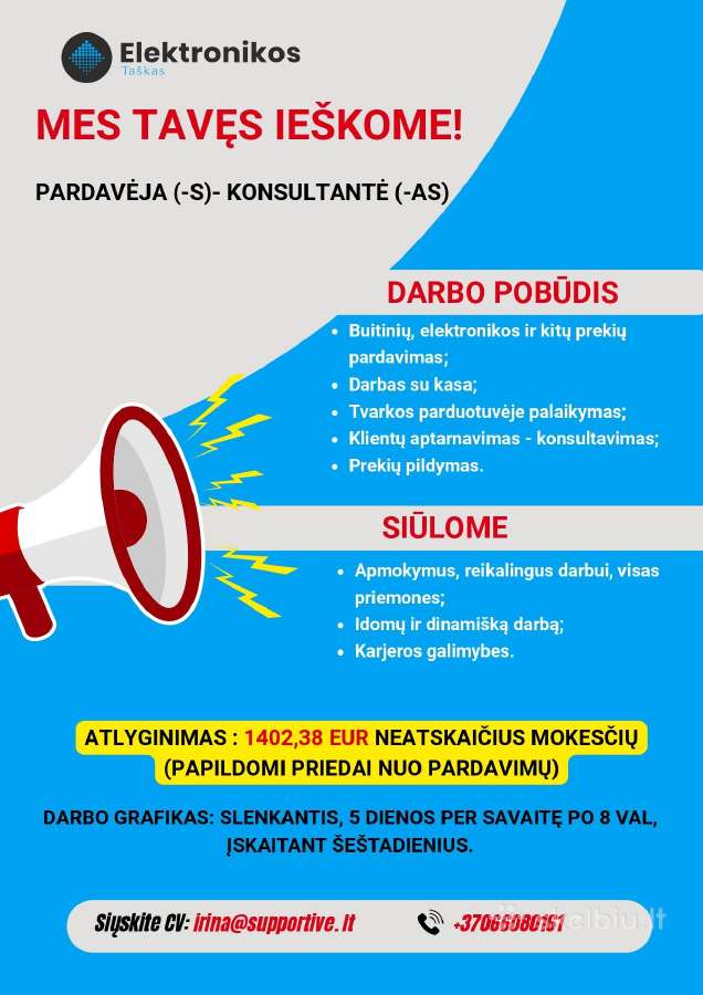 Ieškome pardavėjo konsultanto Elektroniko Taškas.