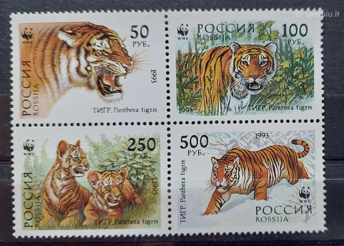 Rusija 1993 Wwf tigrai, švarus kvartblokas Michel