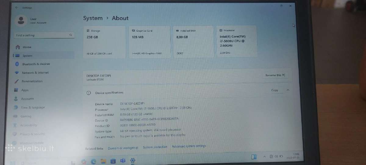 Dell 7250 i7 5660u 8gb RAM 2.59ghz - nuotraukos Nr. 4