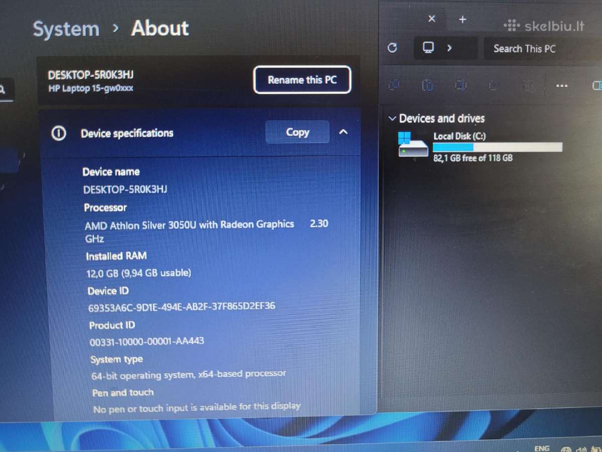 Hp Laptop 15-gw0xxx amd Atlon 12gb RAM 128gb SSD - nuotraukos Nr. 4