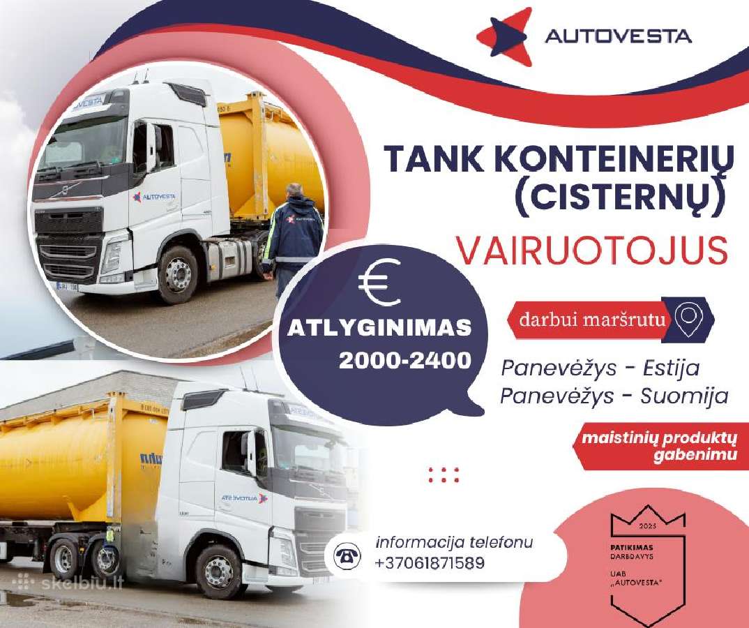 Darbas Tank konteinerių (cisternų) vairuotojams