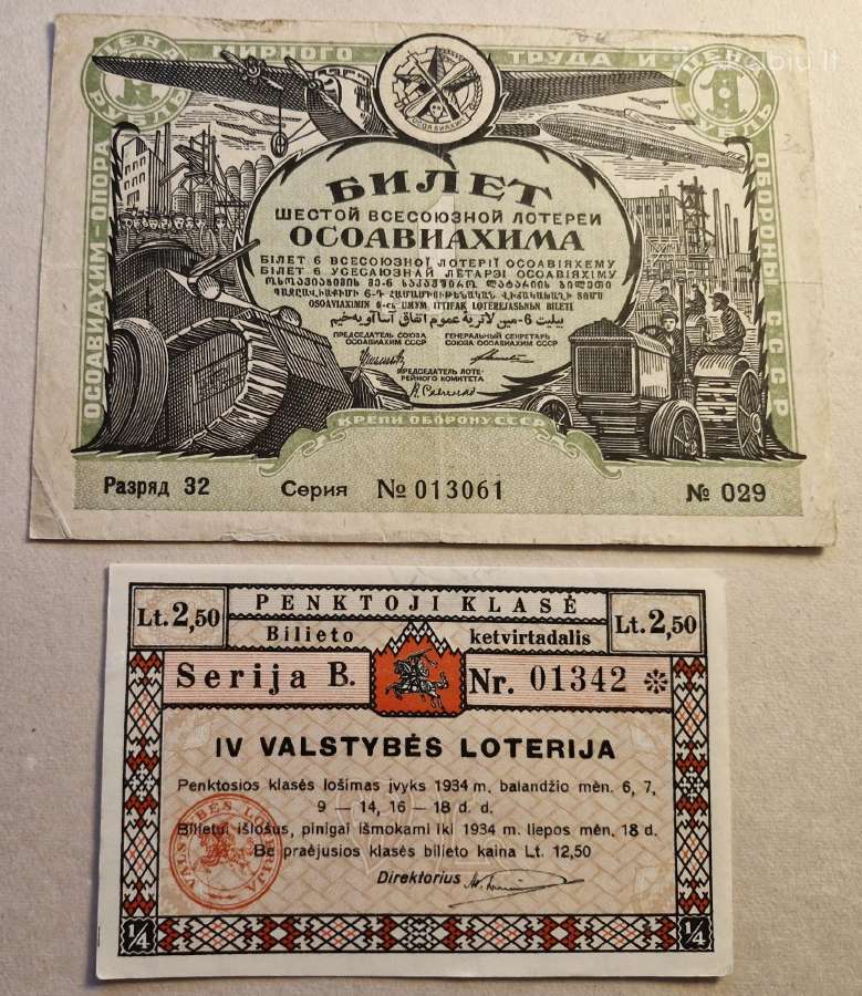 2 vnt Loterijos bilietų Lietuva 1934 ir TSRS 1931