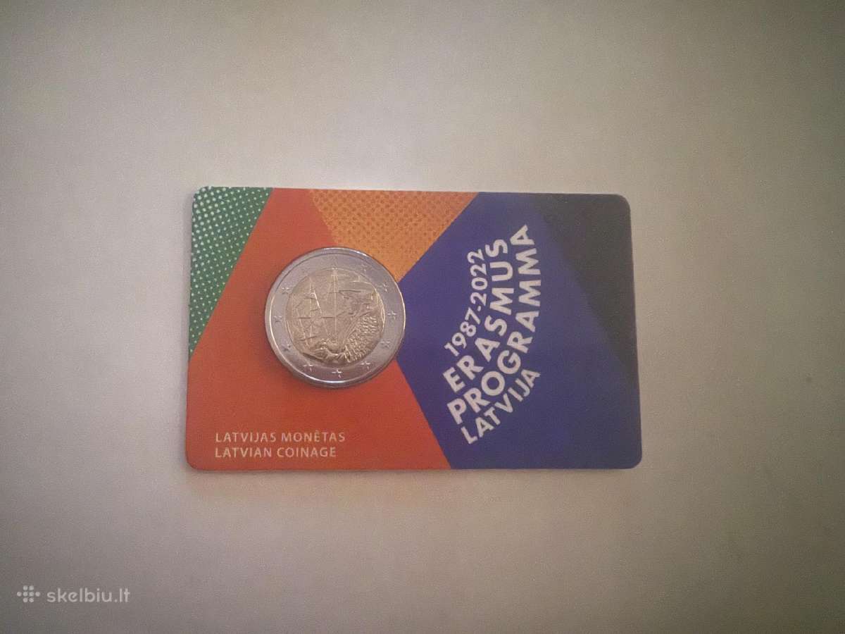 2 eurų Latvijos monetą kortelėje skirtą Erasmus