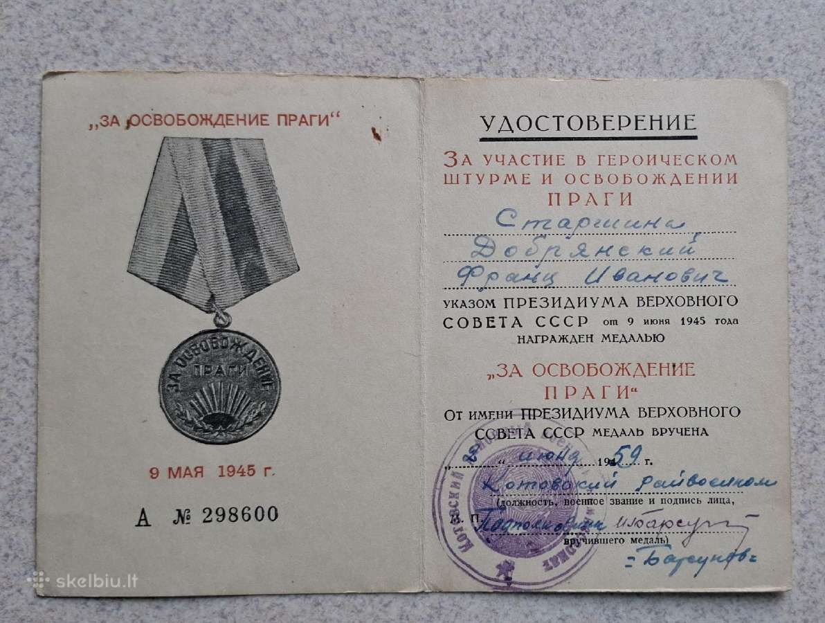 Prahos išlaisvinimo medalio sertifikatas