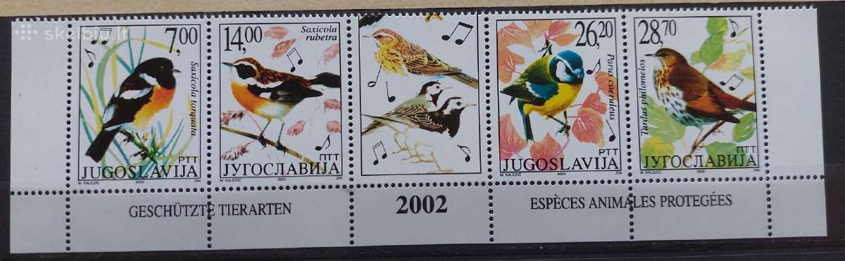 Jugoslavija 2002 paukščiai,švarus, Michel 3061-306