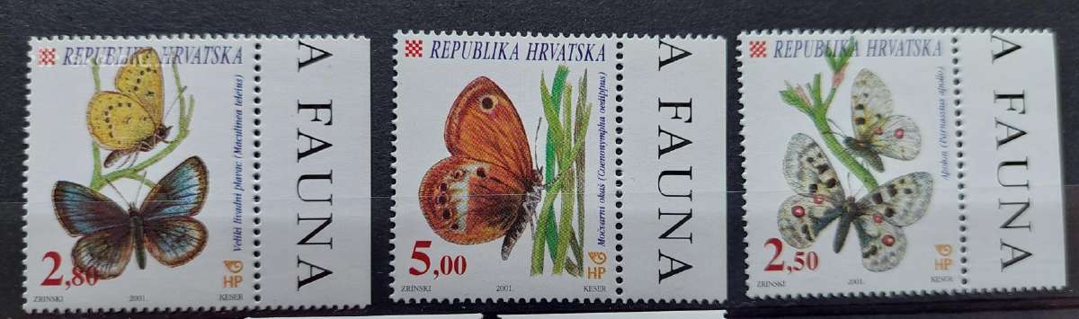 Kroatija 2001 drugeliai, švarus, Michel 573-575