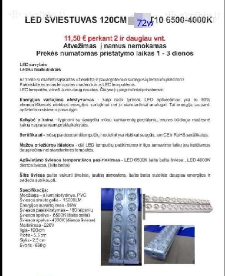 LED Šviestuvas 120cm 72w T10 6500-4000k tik 9 eur - nuotraukos Nr. 3