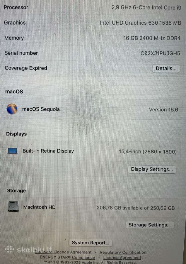 MacBook Pro 15 (2018) i9 / 16gb RAM / 256gb SSD - nuotraukos Nr. 4