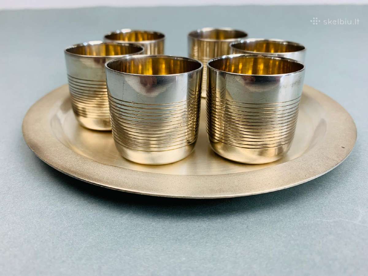 Vintažinis 6 mini Melchioro taurių, padėklo kompl. - nuotraukos Nr. 2