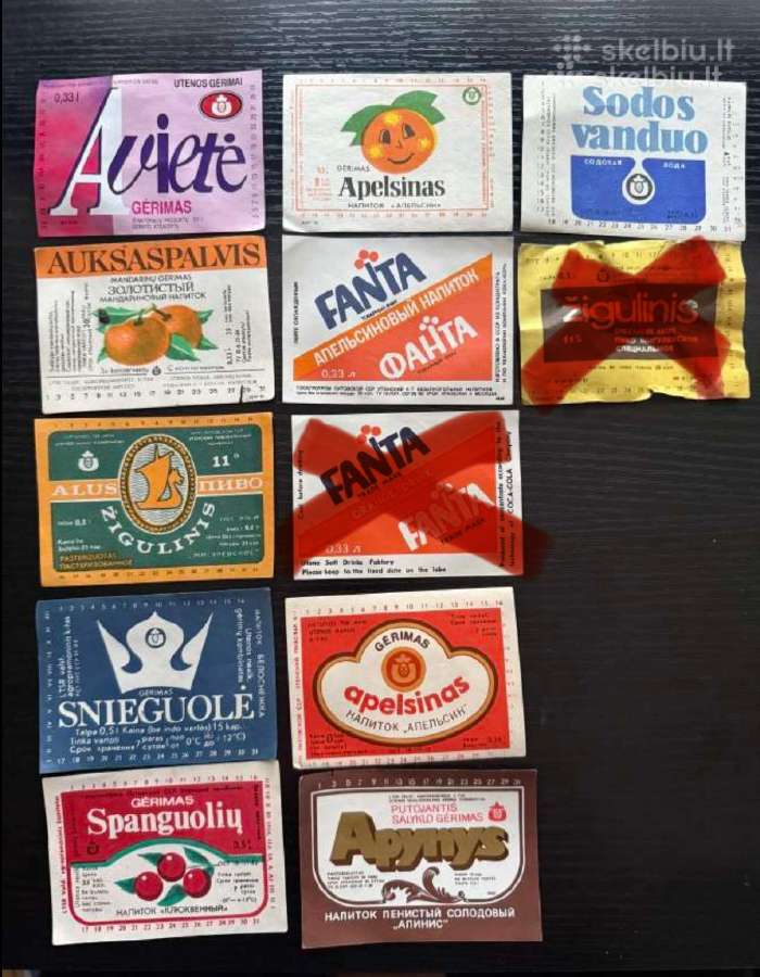 Butelių etiketės. Senos. Alaus. Limonado.