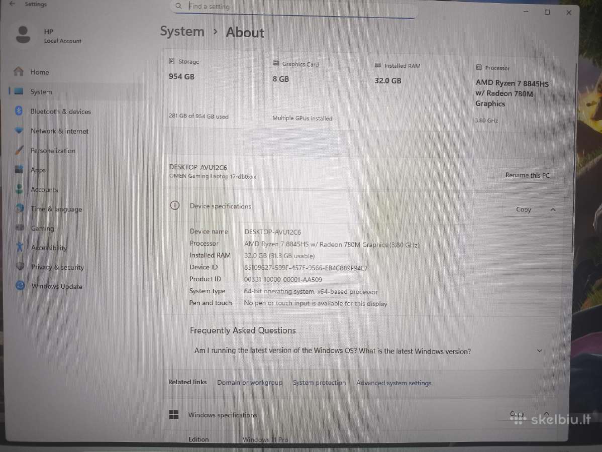 Galingas Hp Omen loptopas rtx 4070 ryzen 7 8845hs - nuotraukos Nr. 3