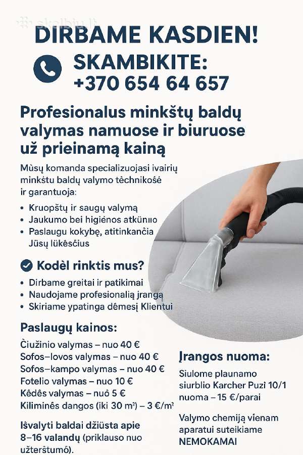 Profesionalus minkštų baldų valymas Klaipėdoje