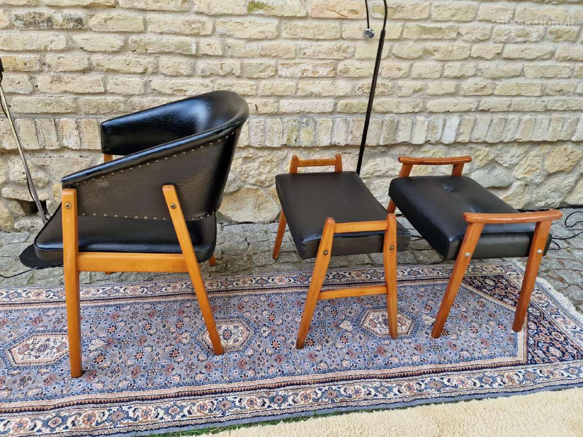 Vintažinis mid century odinis krėslas ir pufai - nuotraukos Nr. 8