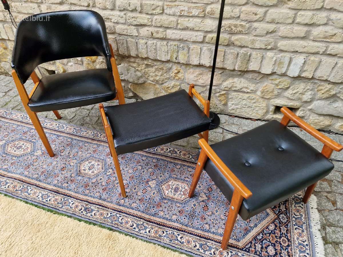 Vintažinis mid century odinis krėslas ir pufai - nuotraukos Nr. 9