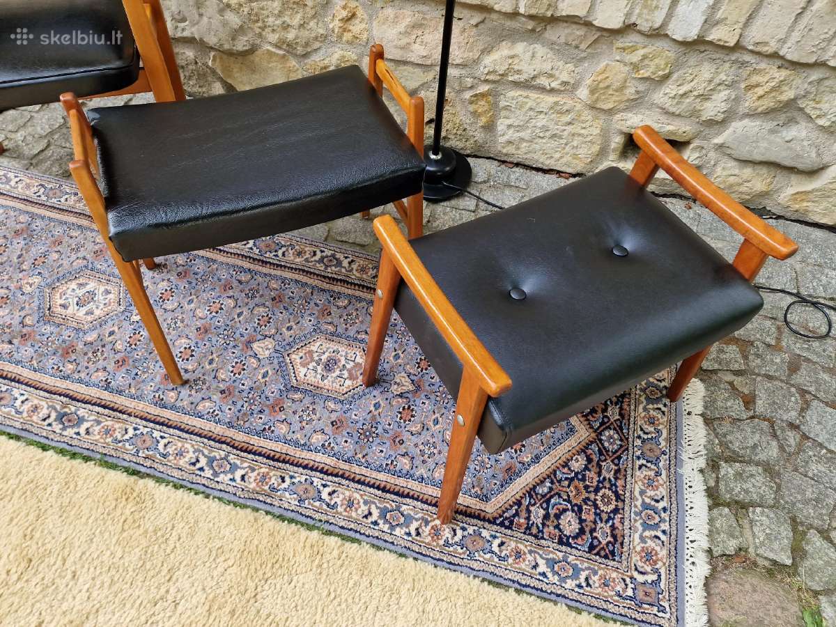 Vintažinis mid century odinis krėslas ir pufai - nuotraukos Nr. 11