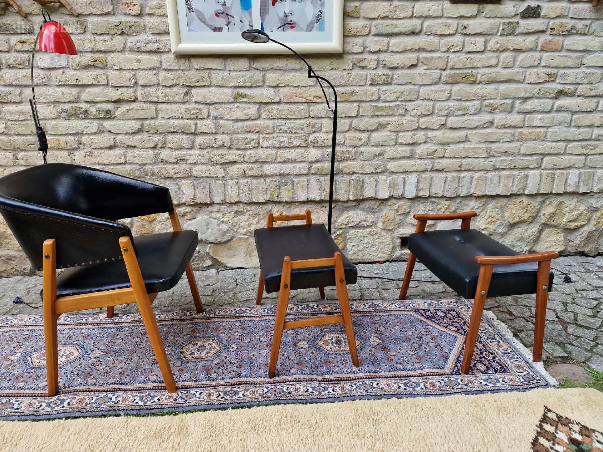 Vintažinis mid century odinis krėslas ir pufai - nuotraukos Nr. 12