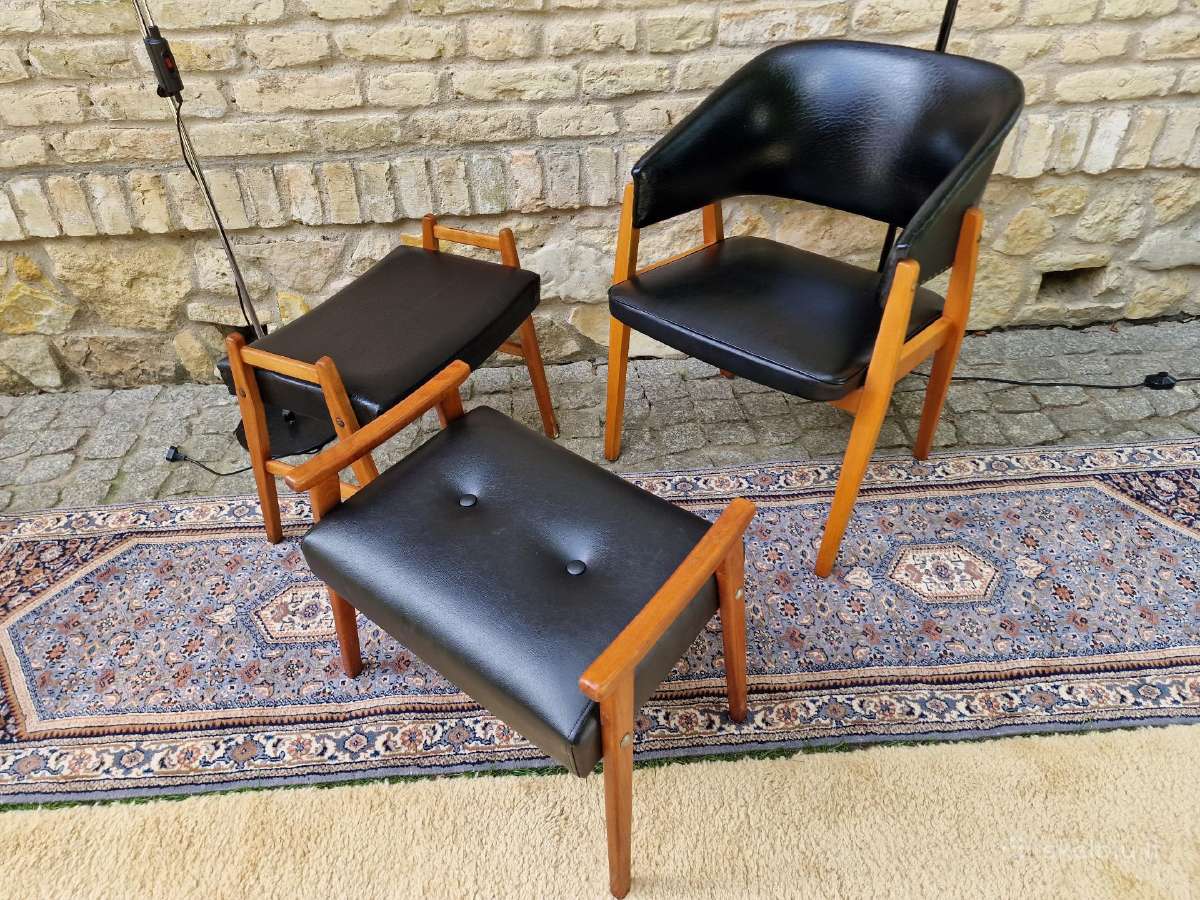 Vintažinis mid century odinis krėslas ir pufai - nuotraukos Nr. 13