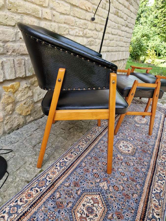 Vintažinis mid century odinis krėslas ir pufai - nuotraukos Nr. 16