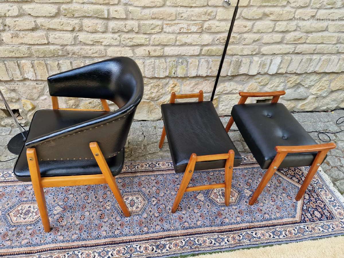 Vintažinis mid century odinis krėslas ir pufai - nuotraukos Nr. 21