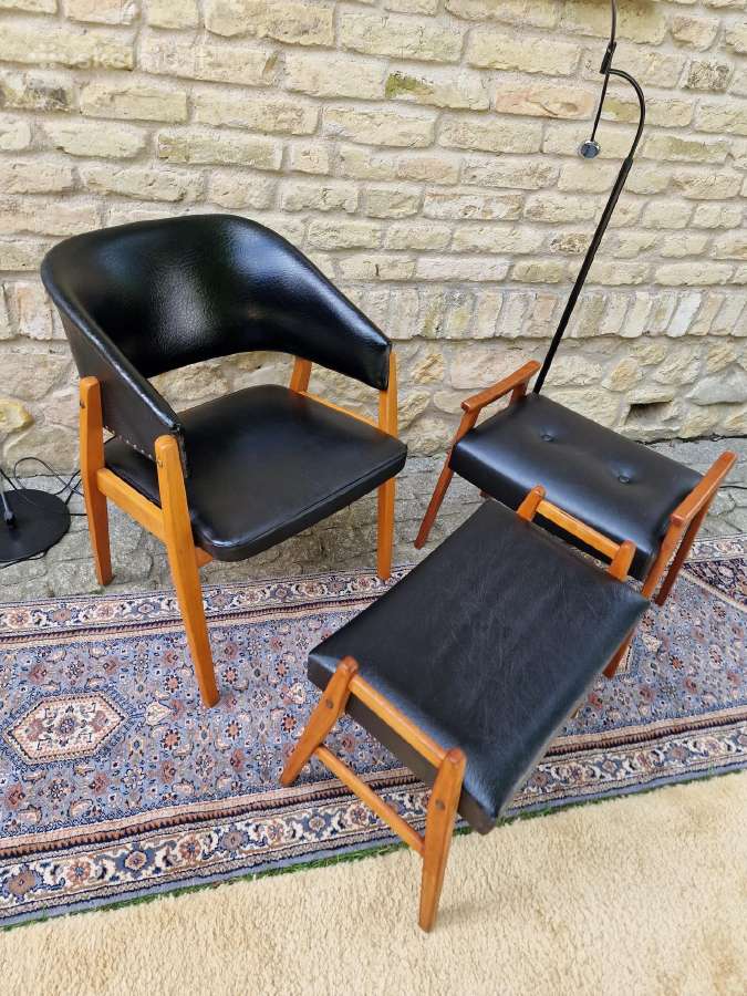 Vintažinis mid century odinis krėslas ir pufai - nuotraukos Nr. 25