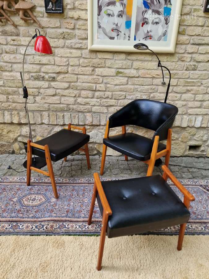 Vintažinis mid century odinis krėslas ir pufai - nuotraukos Nr. 26