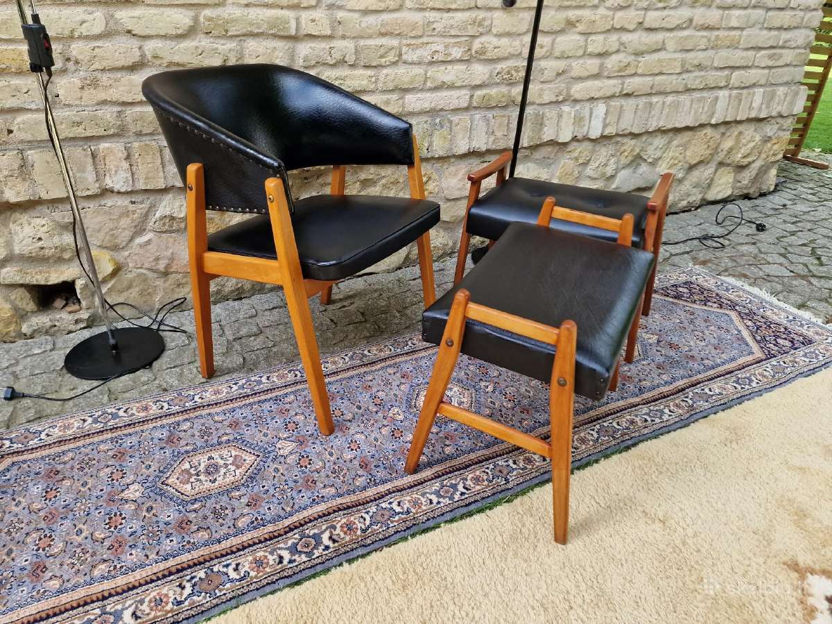 Vintažinis mid century odinis krėslas ir pufai - nuotraukos Nr. 27