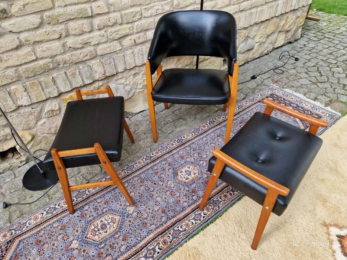 Vintažinis mid century odinis krėslas ir pufai - nuotraukos Nr. 28