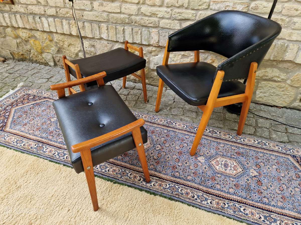 Vintažinis mid century odinis krėslas ir pufai - nuotraukos Nr. 29