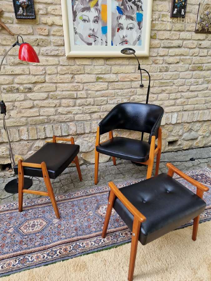 Vintažinis mid century odinis krėslas ir pufai - nuotraukos Nr. 30